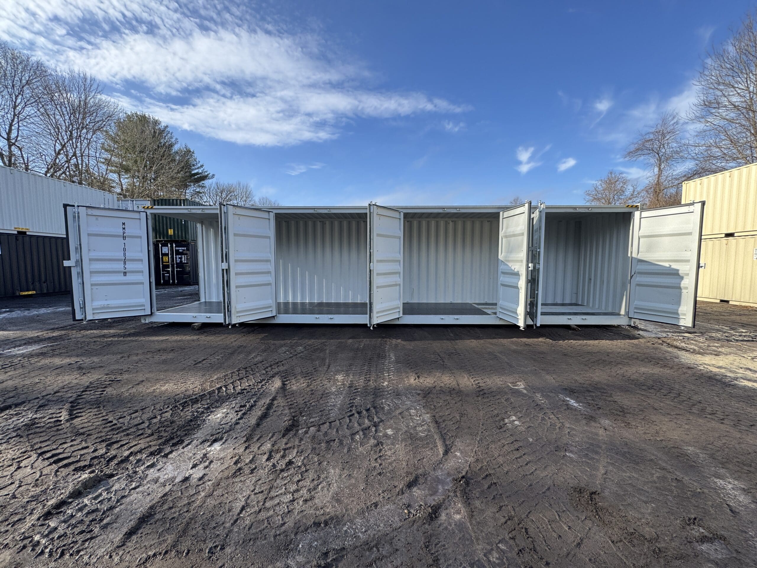 40′ x 8′ x 9.5′ Tall -New *High Cube**FOUR SIDE DOOR OPENINGS** Shipping/Storage Container – Wind and Watertight – LT GRAY