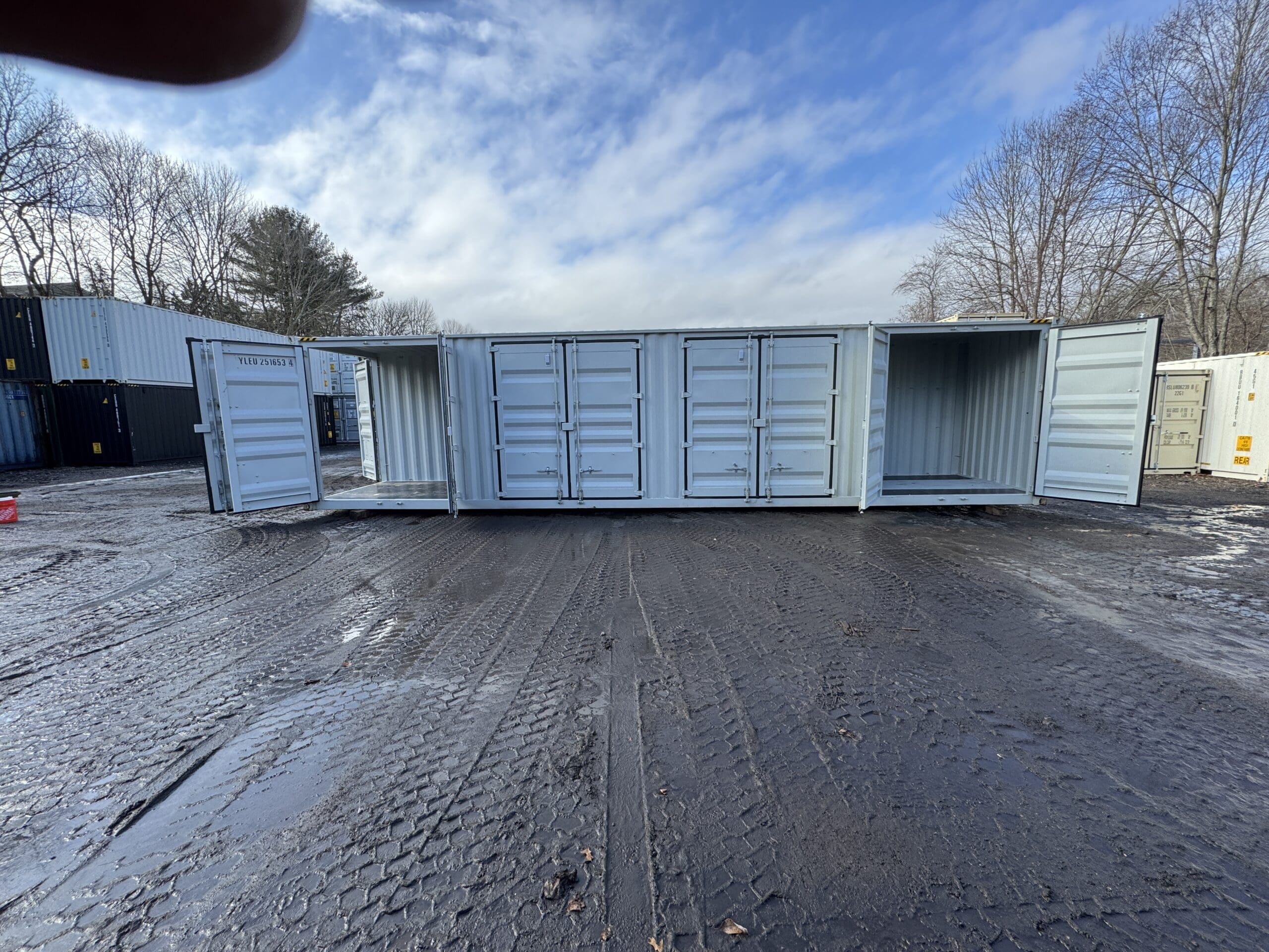 40′ x 8′ x 9.5′ Tall -New *High Cube**FOUR SIDE DOOR OPENINGS** Shipping/Storage Container – Wind and Watertight – LT GRAY