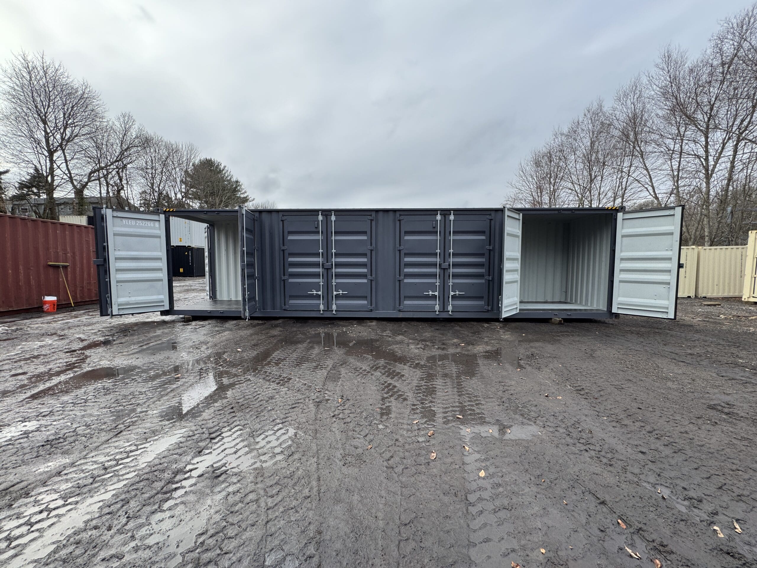 40′ x 8′ x 9.5′ Tall -New *High Cube**FOUR SIDE DOOR OPENINGS** Shipping/Storage Container – Wind and Watertight – DK GRAY