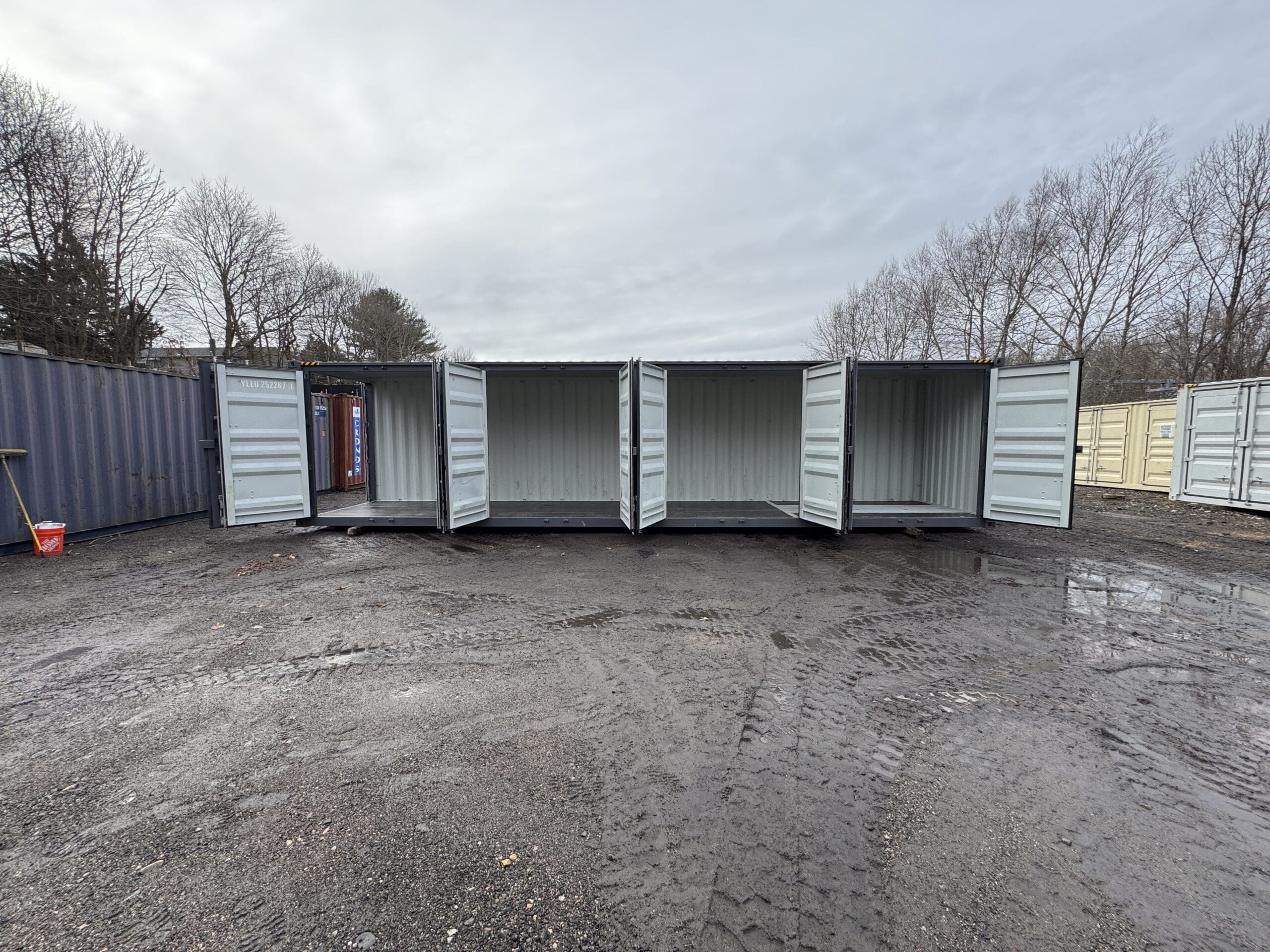 40′ x 8′ x 9.5′ Tall -New *High Cube**FOUR SIDE DOOR OPENINGS** Shipping/Storage Container – Wind and Watertight – DK GRAY